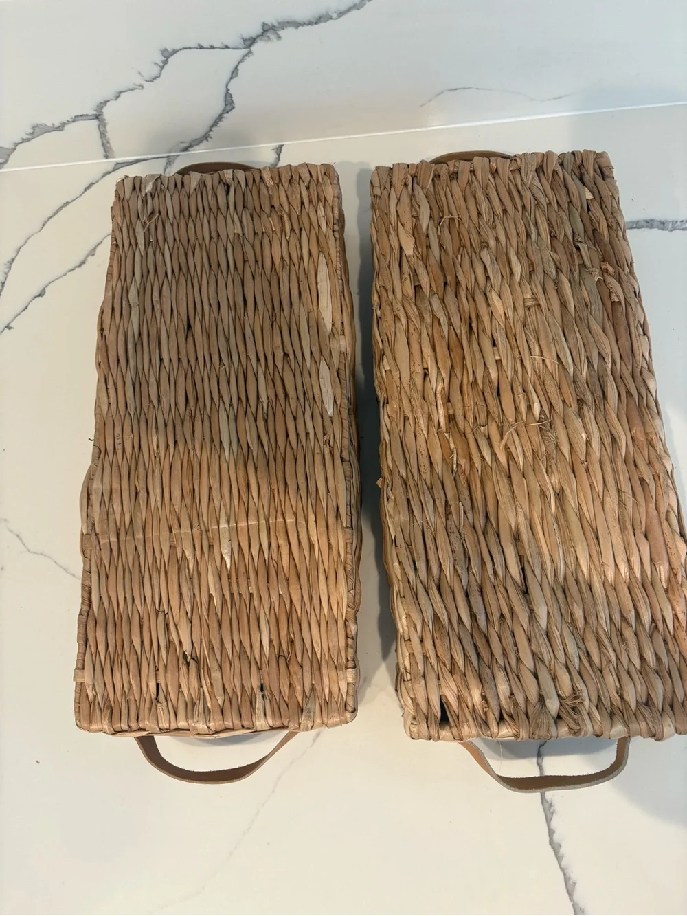 Set of two 3-Compartment Organizer Tray Set with Leather Handles - Natural